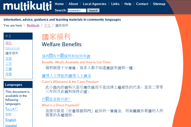 Screen shot of the Multikulti web site showing Chinese information