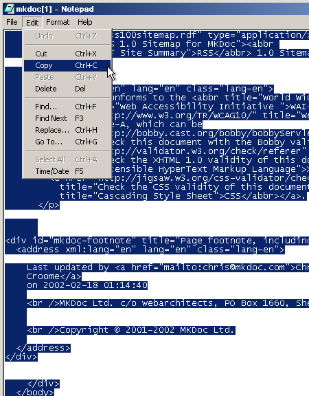 Screen shot of the Edit, Copy option in MS Notepad.