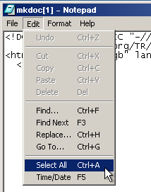 Screen shot of the Edit, Select All, option in MS Notepad.