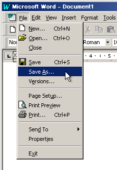 Screen shot of the File pull down menu in MS Word.