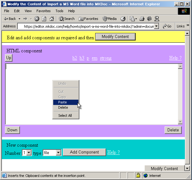 Screen shot of the right-click menu which can be used for Pasting the contents of the clipboard into textareas in MS Internet Explorer.